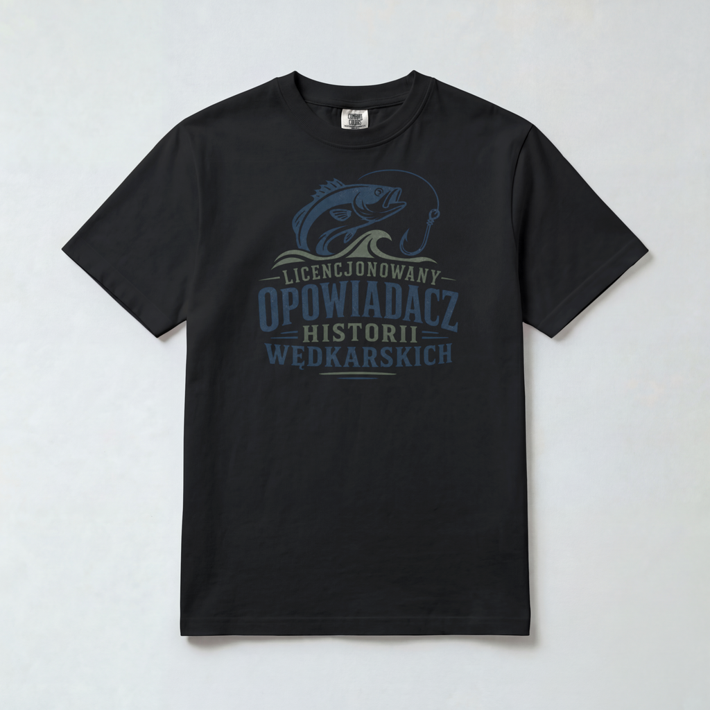 Koszulka Męska Wędkarska "Licencjonowany Opowiadacz Historii Wędkarskich"